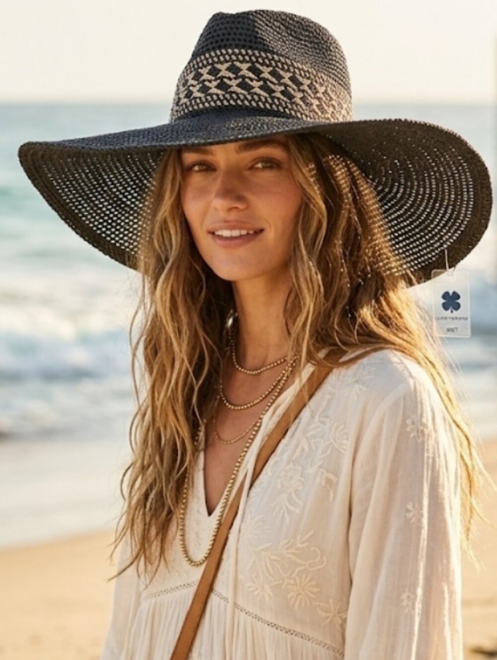 Lucky Brand NWT Black Wide Brim Straw Sun Hat Boho Beach Packable OS